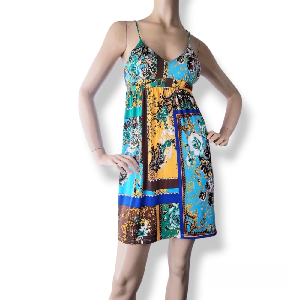 King & Saints Turquoise, Gold & Brown Floral Baroque Print Day Dress